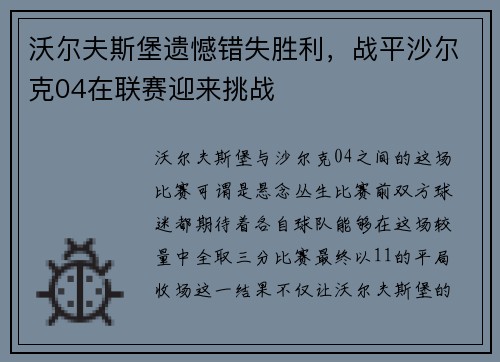 沃尔夫斯堡遗憾错失胜利，战平沙尔克04在联赛迎来挑战