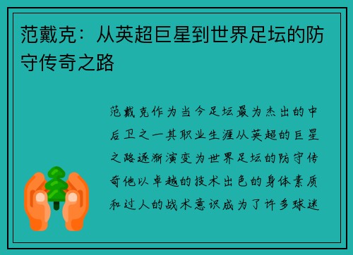 范戴克：从英超巨星到世界足坛的防守传奇之路