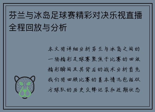 芬兰与冰岛足球赛精彩对决乐视直播全程回放与分析