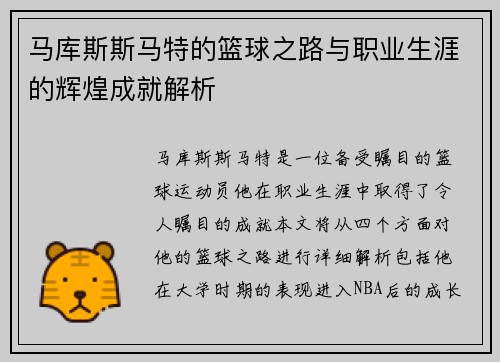 马库斯斯马特的篮球之路与职业生涯的辉煌成就解析