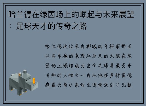 哈兰德在绿茵场上的崛起与未来展望：足球天才的传奇之路